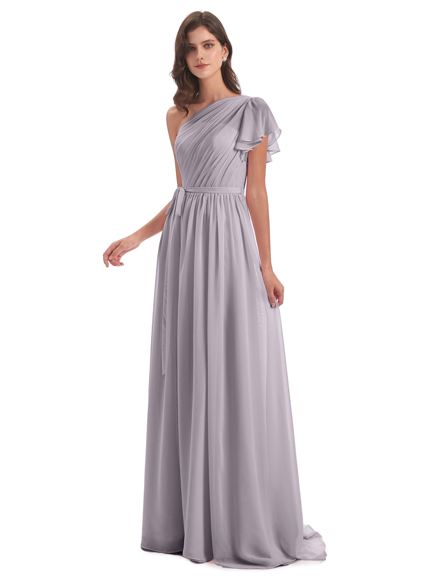A-line Sweep-Brush Train One Shoulder Chiffon Long Bridesmaid Dresses