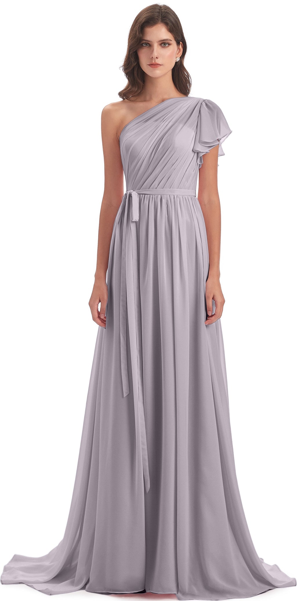 A-line Sweep-Brush Train One Shoulder Chiffon Long Bridesmaid Dresses