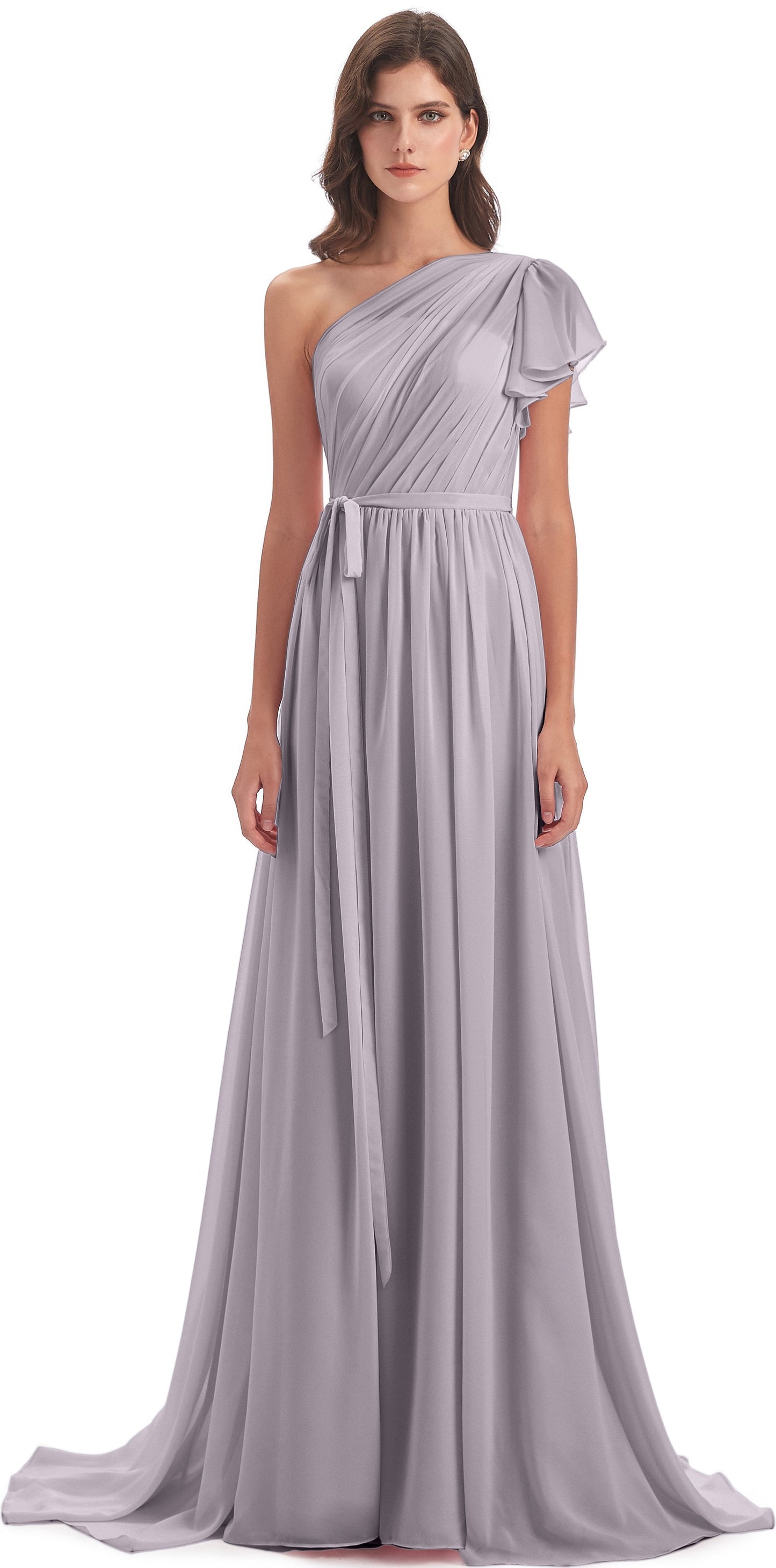 A-line Sweep-Brush Train One Shoulder Chiffon Long Bridesmaid Dresses