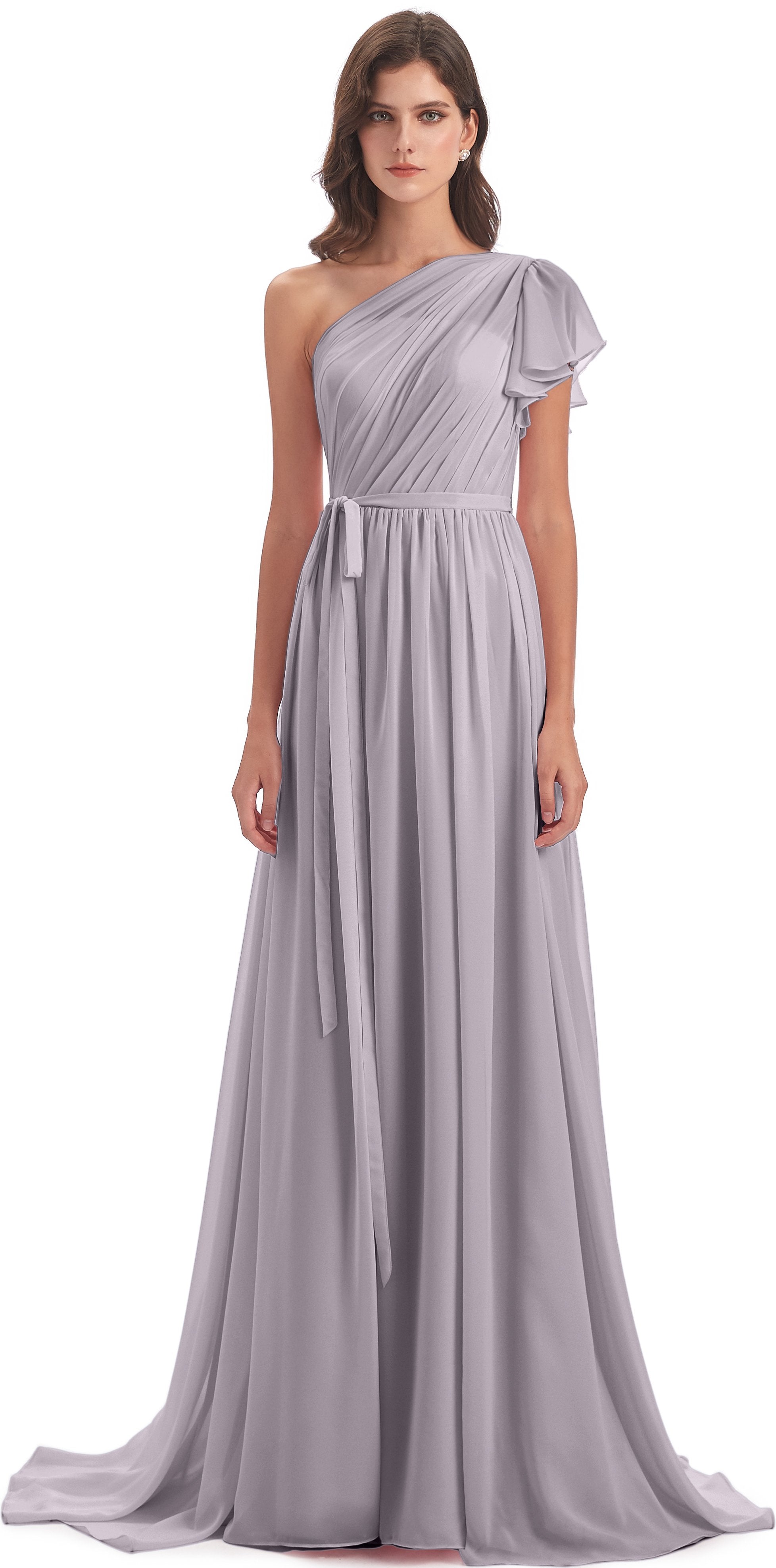 A-line Sweep-Brush Train One Shoulder Chiffon Long Bridesmaid Dresses