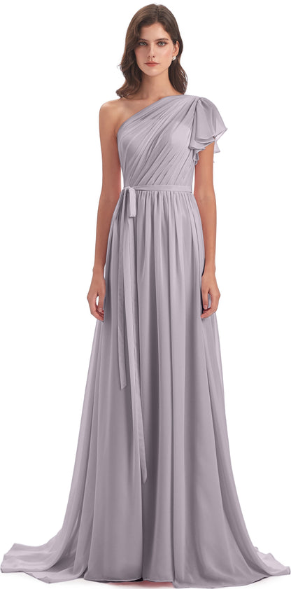 A-line Sweep-Brush Train One Shoulder Chiffon Long Bridesmaid Dresses