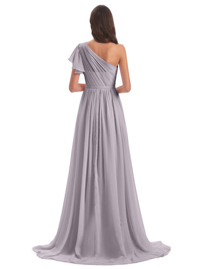 A-line Sweep-Brush Train One Shoulder Chiffon Long Bridesmaid Dresses