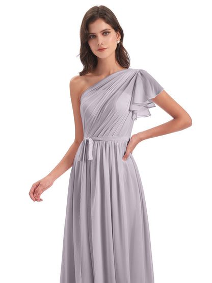 A-line Sweep-Brush Train One Shoulder Chiffon Long Bridesmaid Dresses