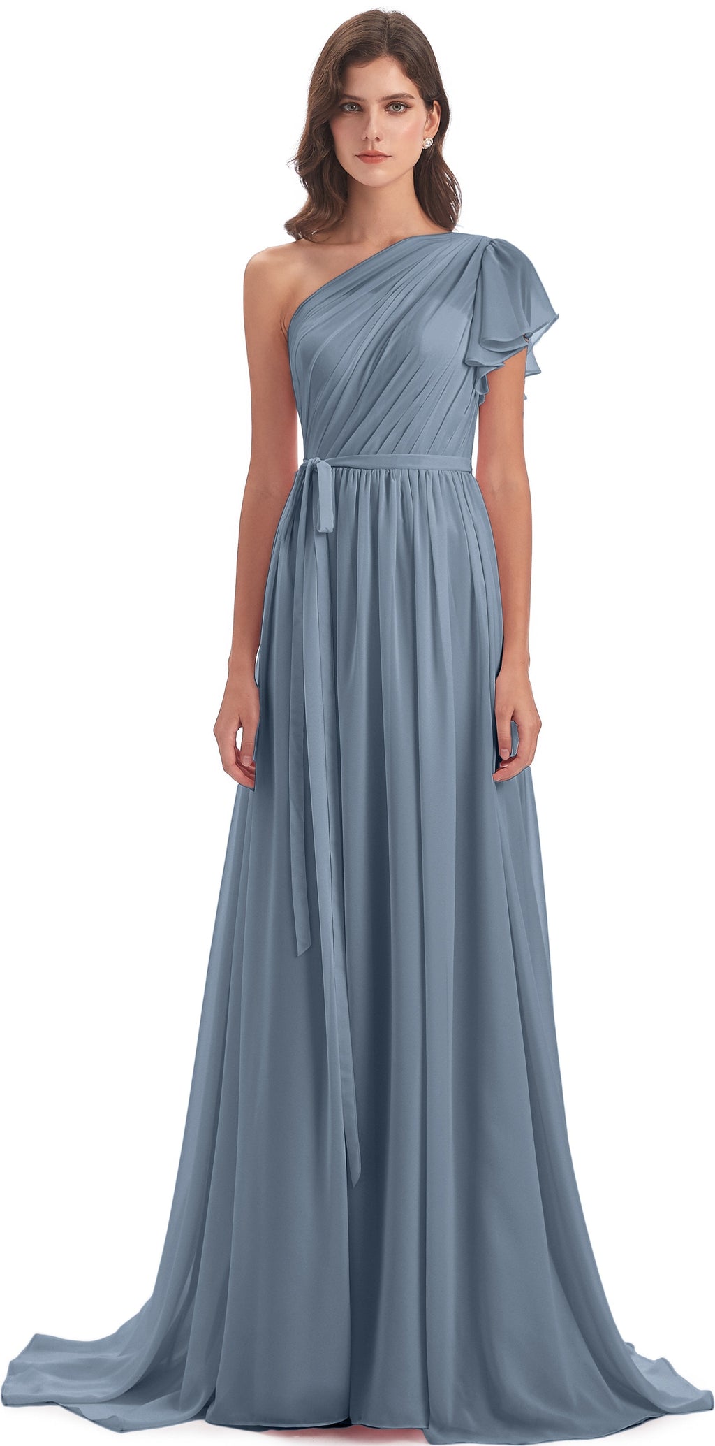 A-line Sweep-Brush Train One Shoulder Chiffon Long Bridesmaid Dresses