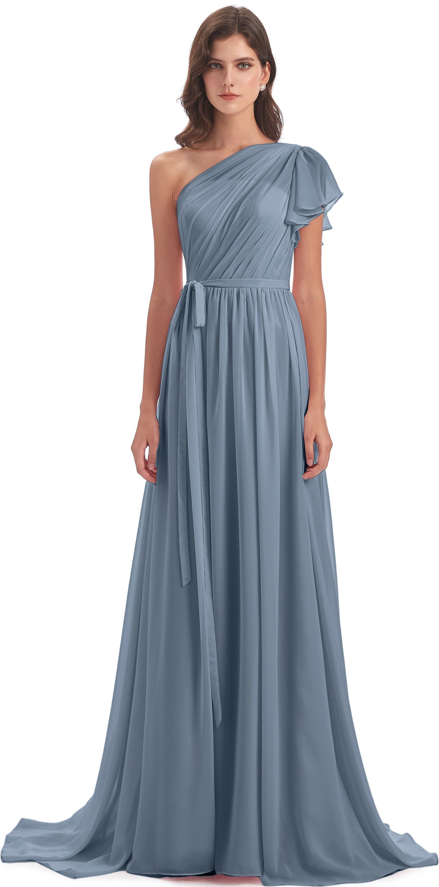 A-line Sweep-Brush Train One Shoulder Chiffon Long Bridesmaid Dresses