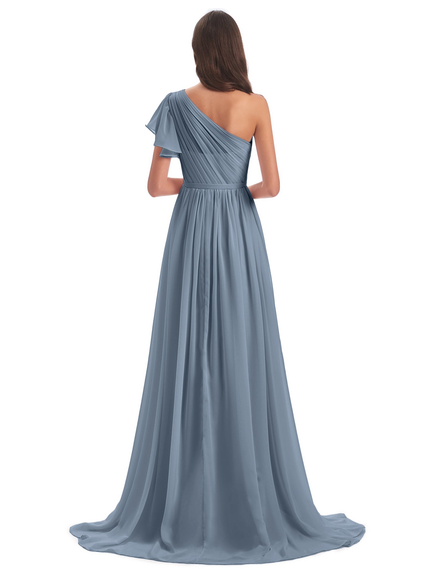 A-line Sweep-Brush Train One Shoulder Chiffon Long Bridesmaid Dresses