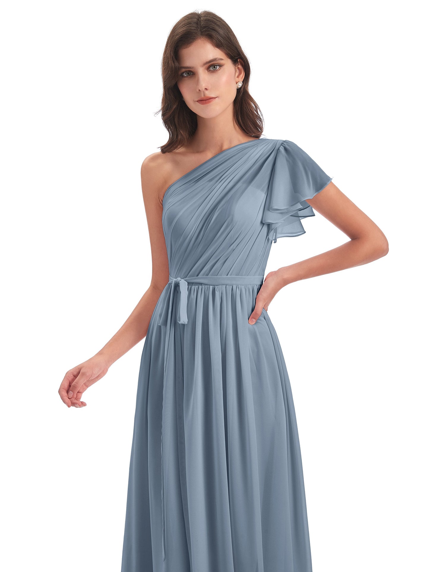 A-line Sweep-Brush Train One Shoulder Chiffon Long Bridesmaid Dresses