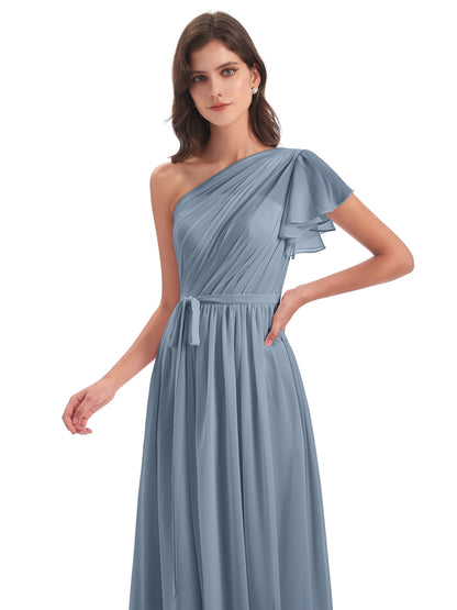 A-line Sweep-Brush Train One Shoulder Chiffon Long Bridesmaid Dresses
