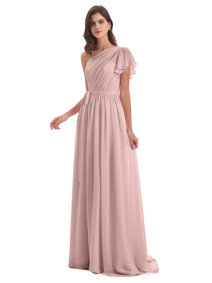 A-line Sweep-Brush Train One Shoulder Chiffon Long Bridesmaid Dresses