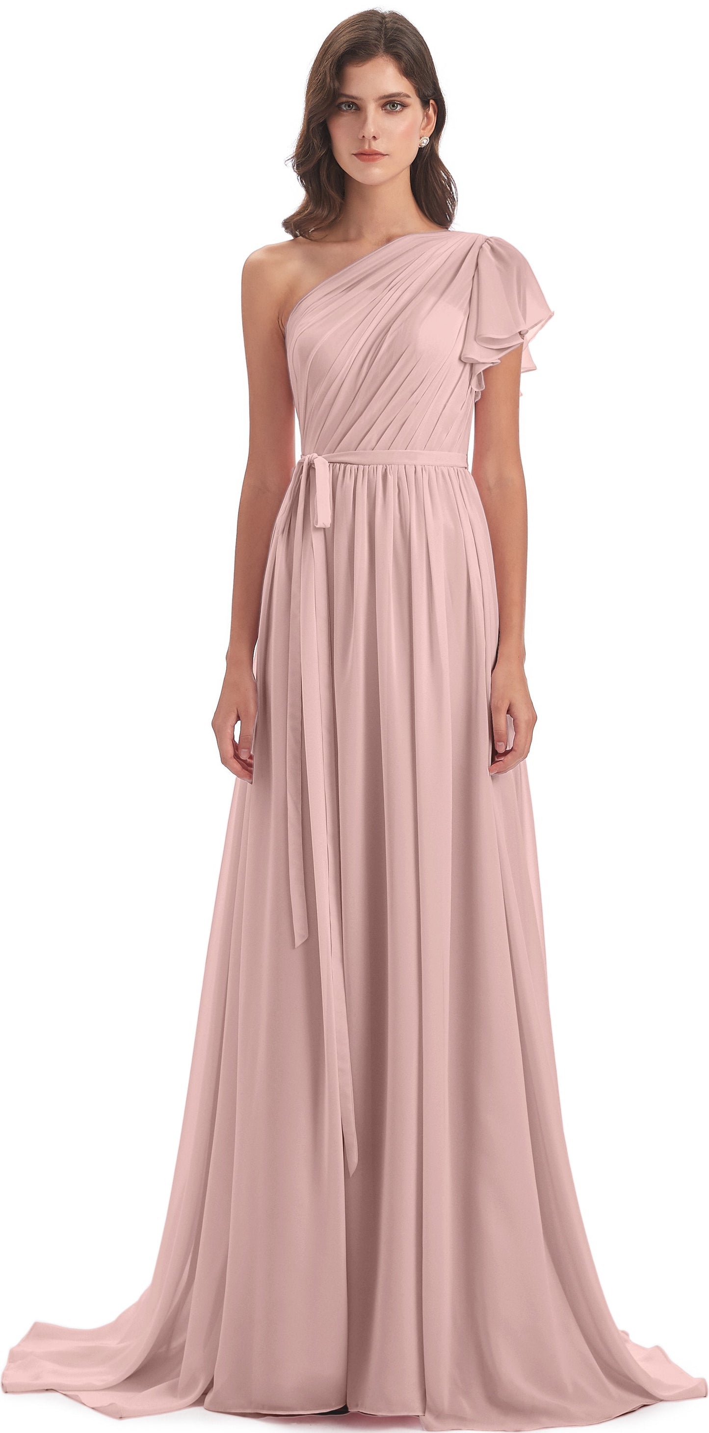 A-line Sweep-Brush Train One Shoulder Chiffon Long Bridesmaid Dresses