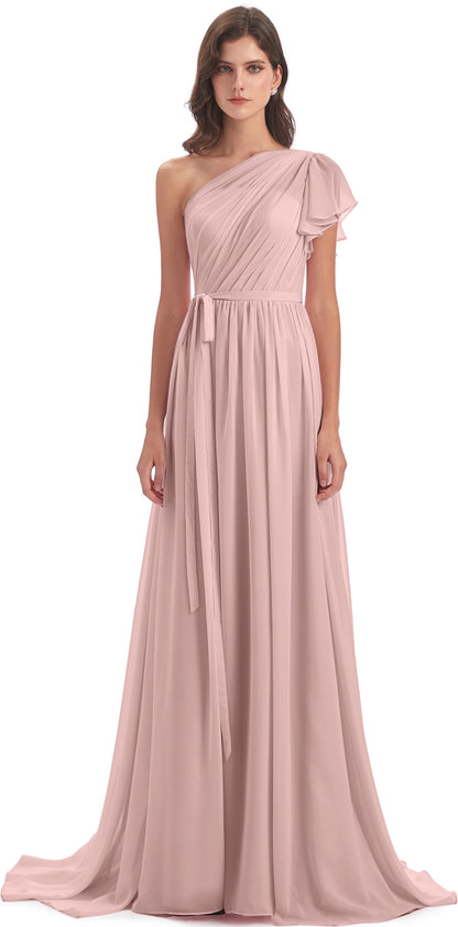 A-line Sweep-Brush Train One Shoulder Chiffon Long Bridesmaid Dresses