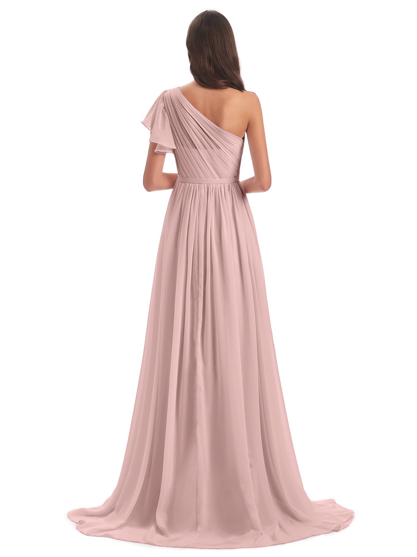 A-line Sweep-Brush Train One Shoulder Chiffon Long Bridesmaid Dresses