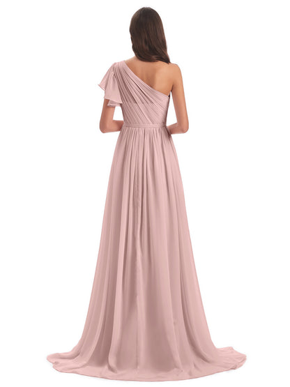 A-line Sweep-Brush Train One Shoulder Chiffon Long Bridesmaid Dresses