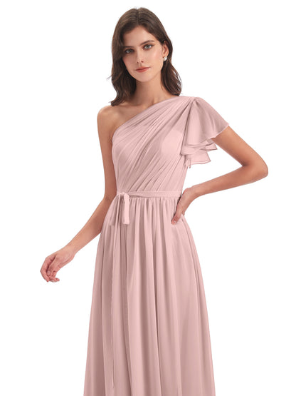 A-line Sweep-Brush Train One Shoulder Chiffon Long Bridesmaid Dresses