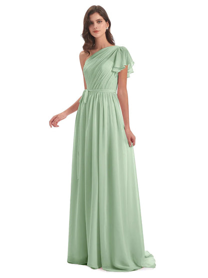 A-line Sweep-Brush Train One Shoulder Chiffon Long Bridesmaid Dresses