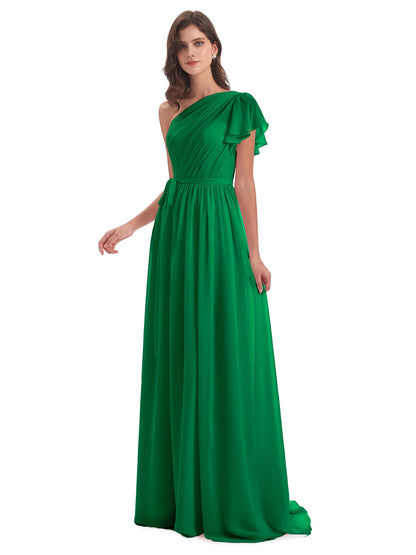 A-line Sweep-Brush Train One Shoulder Chiffon Long Bridesmaid Dresses