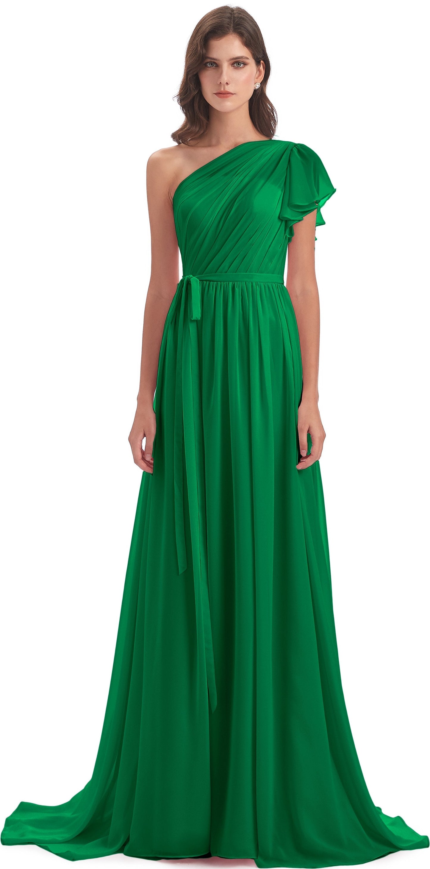 A-line Sweep-Brush Train One Shoulder Chiffon Long Bridesmaid Dresses