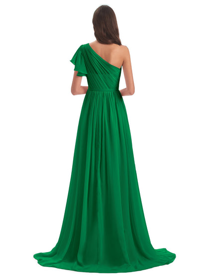 A-line Sweep-Brush Train One Shoulder Chiffon Long Bridesmaid Dresses