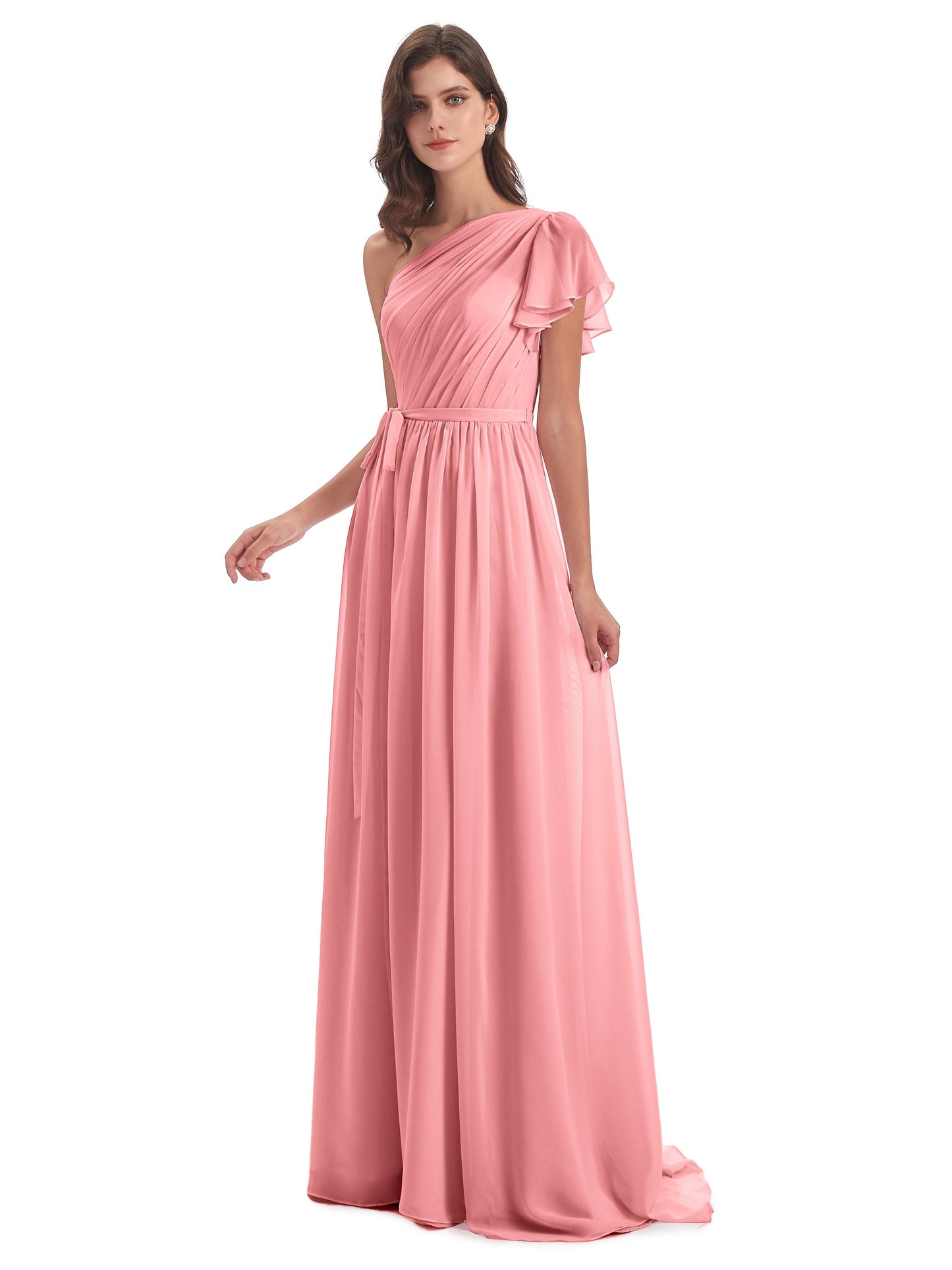 A-line Sweep-Brush Train One Shoulder Chiffon Long Bridesmaid Dresses