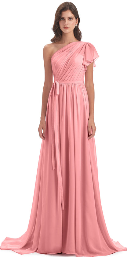 A-line Sweep-Brush Train One Shoulder Chiffon Long Bridesmaid Dresses