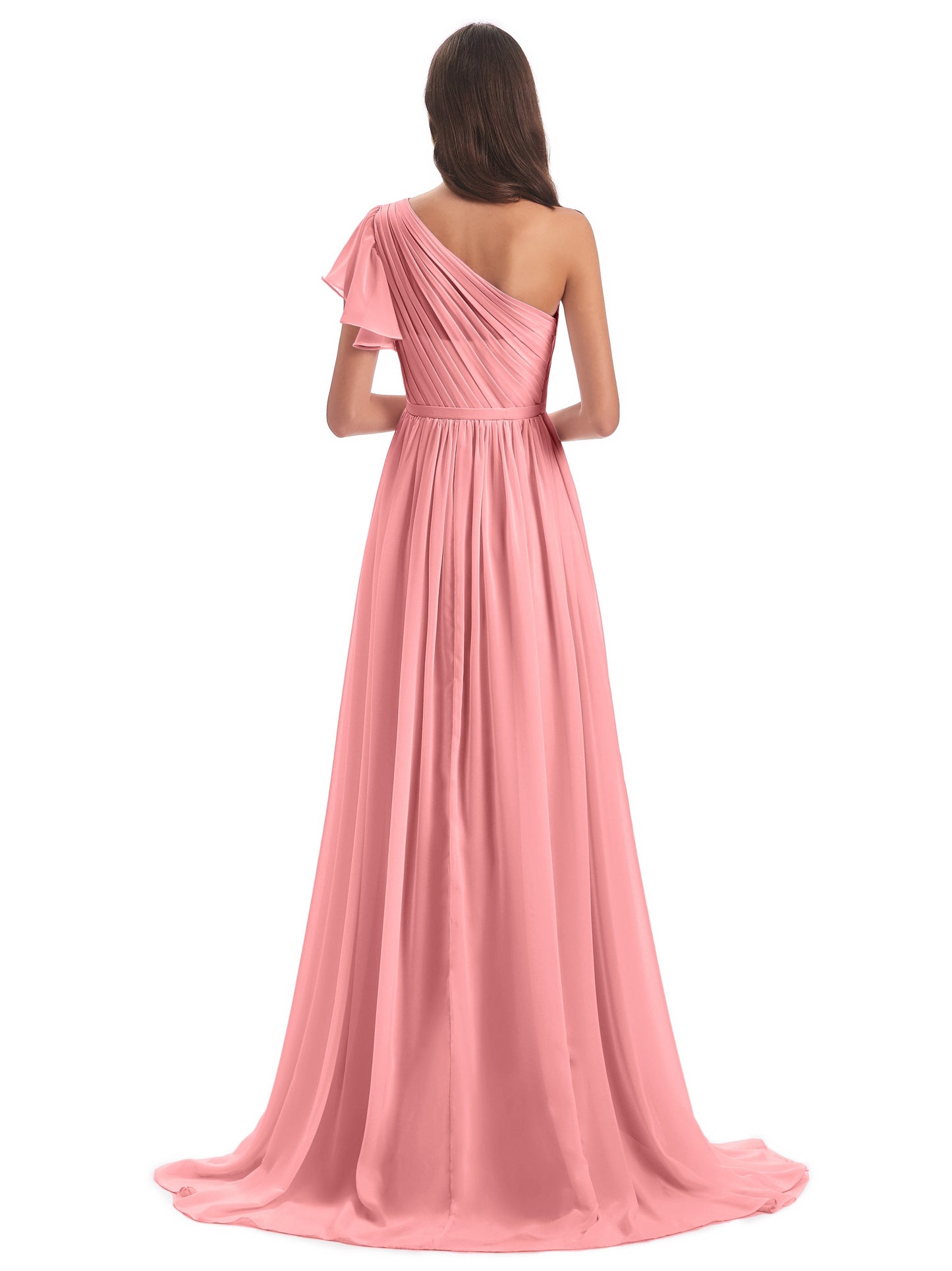 A-line Sweep-Brush Train One Shoulder Chiffon Long Bridesmaid Dresses