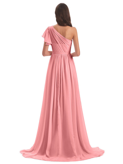 A-line Sweep-Brush Train One Shoulder Chiffon Long Bridesmaid Dresses