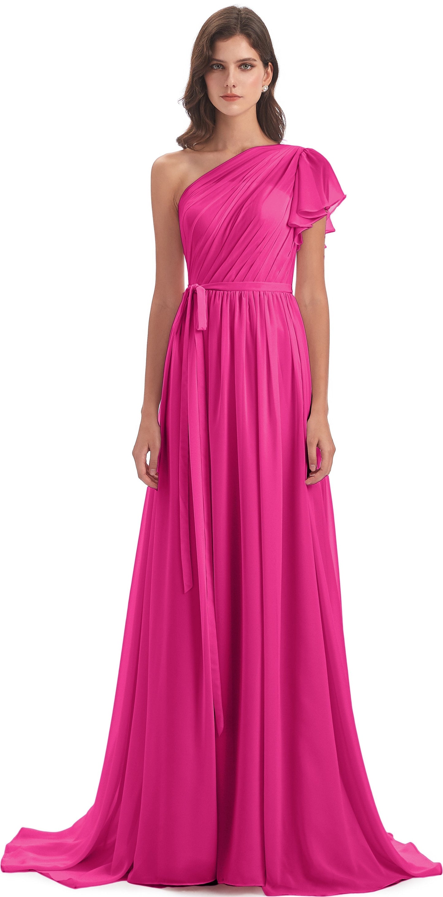 A-line Sweep-Brush Train One Shoulder Chiffon Long Bridesmaid Dresses