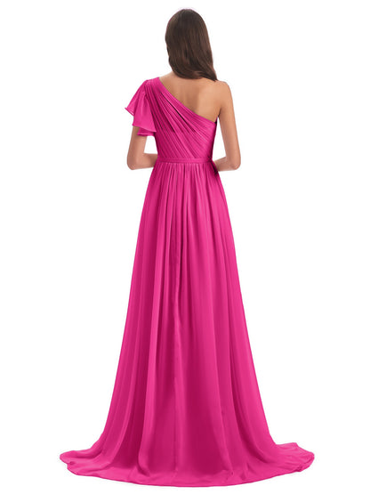 A-line Sweep-Brush Train One Shoulder Chiffon Long Bridesmaid Dresses