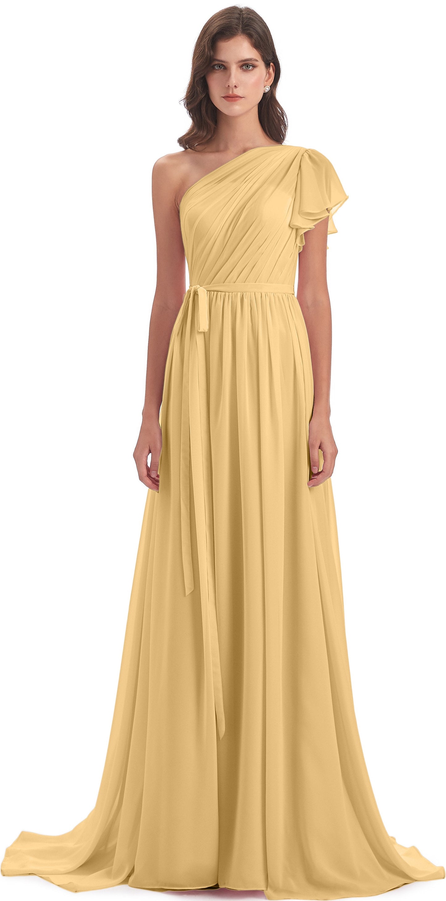 A-line Sweep-Brush Train One Shoulder Chiffon Long Bridesmaid Dresses