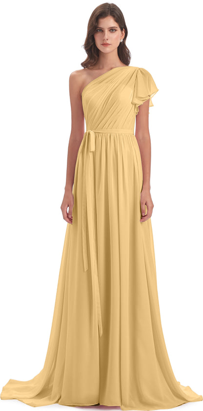 A-line Sweep-Brush Train One Shoulder Chiffon Long Bridesmaid Dresses