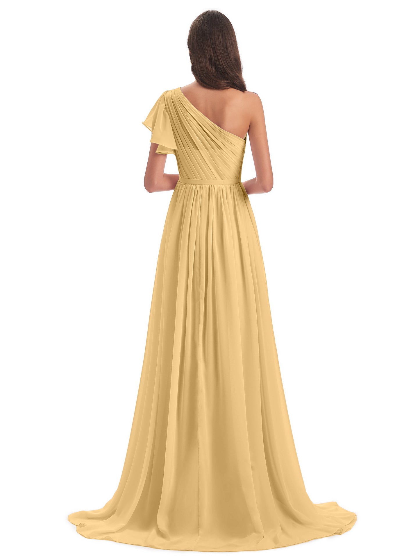 A-line Sweep-Brush Train One Shoulder Chiffon Long Bridesmaid Dresses