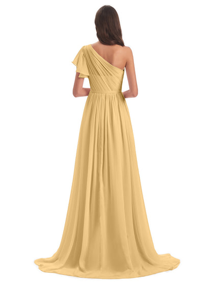 A-line Sweep-Brush Train One Shoulder Chiffon Long Bridesmaid Dresses