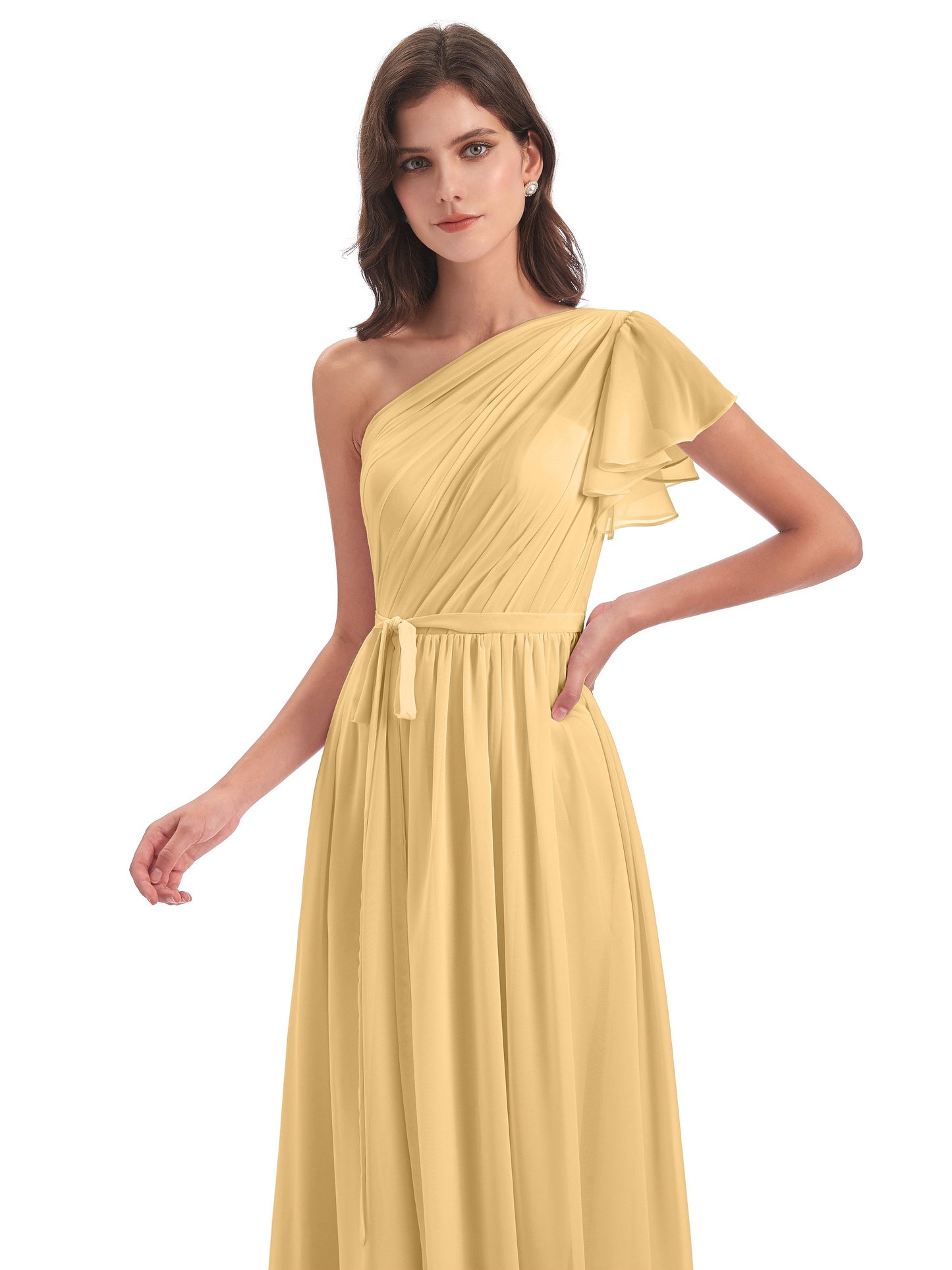 A-line Sweep-Brush Train One Shoulder Chiffon Long Bridesmaid Dresses