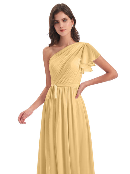 A-line Sweep-Brush Train One Shoulder Chiffon Long Bridesmaid Dresses