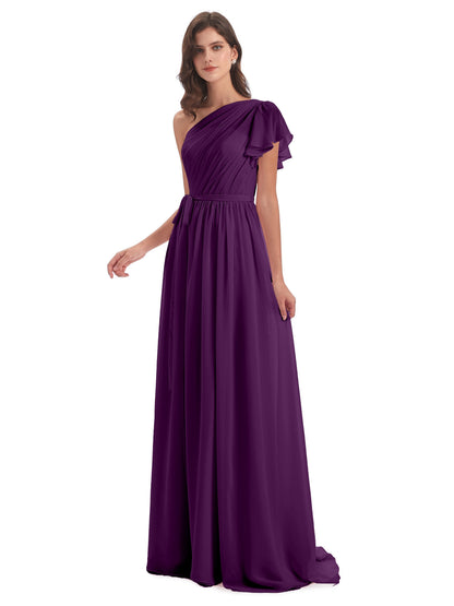 A-line Sweep-Brush Train One Shoulder Chiffon Long Bridesmaid Dresses