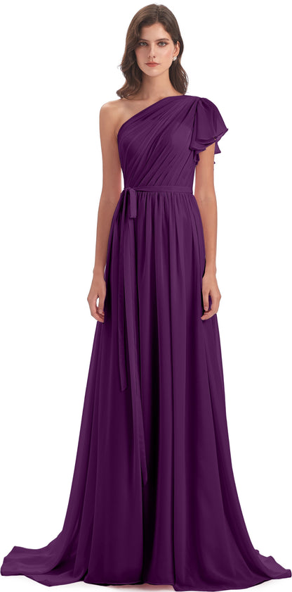 A-line Sweep-Brush Train One Shoulder Chiffon Long Bridesmaid Dresses