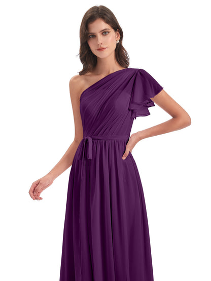 A-line Sweep-Brush Train One Shoulder Chiffon Long Bridesmaid Dresses