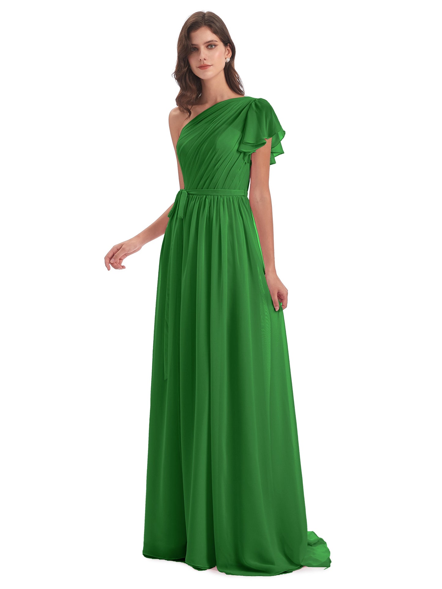 A-line Sweep-Brush Train One Shoulder Chiffon Long Bridesmaid Dresses