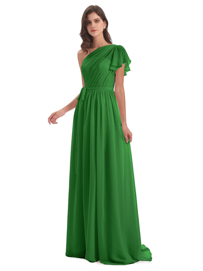 A-line Sweep-Brush Train One Shoulder Chiffon Long Bridesmaid Dresses