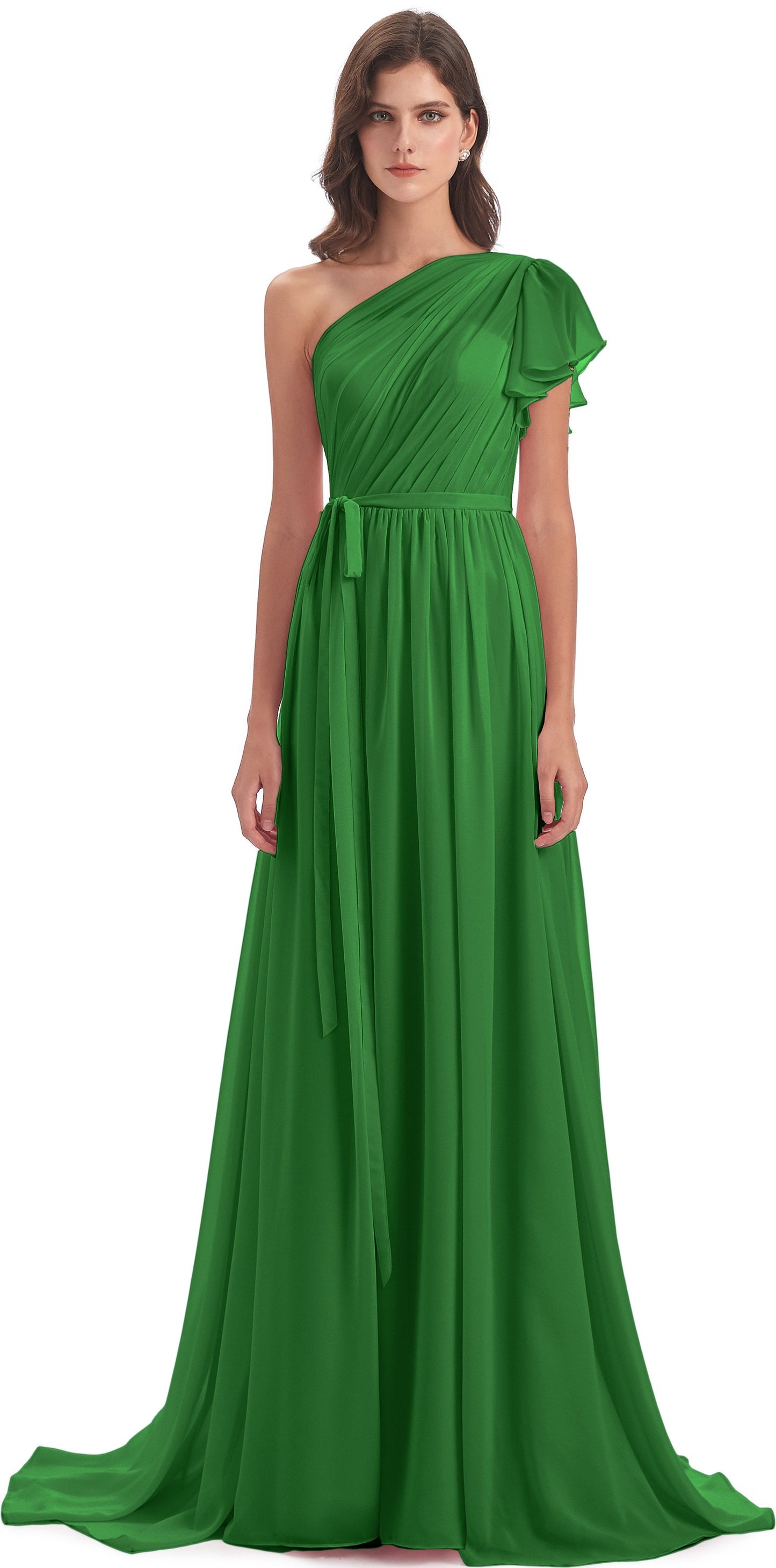A-line Sweep-Brush Train One Shoulder Chiffon Long Bridesmaid Dresses