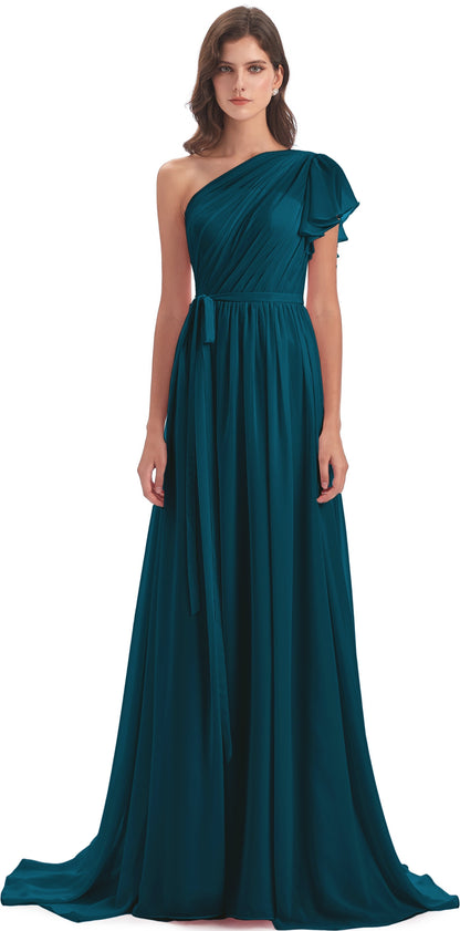A-line Sweep-Brush Train One Shoulder Chiffon Long Bridesmaid Dresses