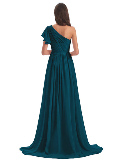 A-line Sweep-Brush Train One Shoulder Chiffon Long Bridesmaid Dresses