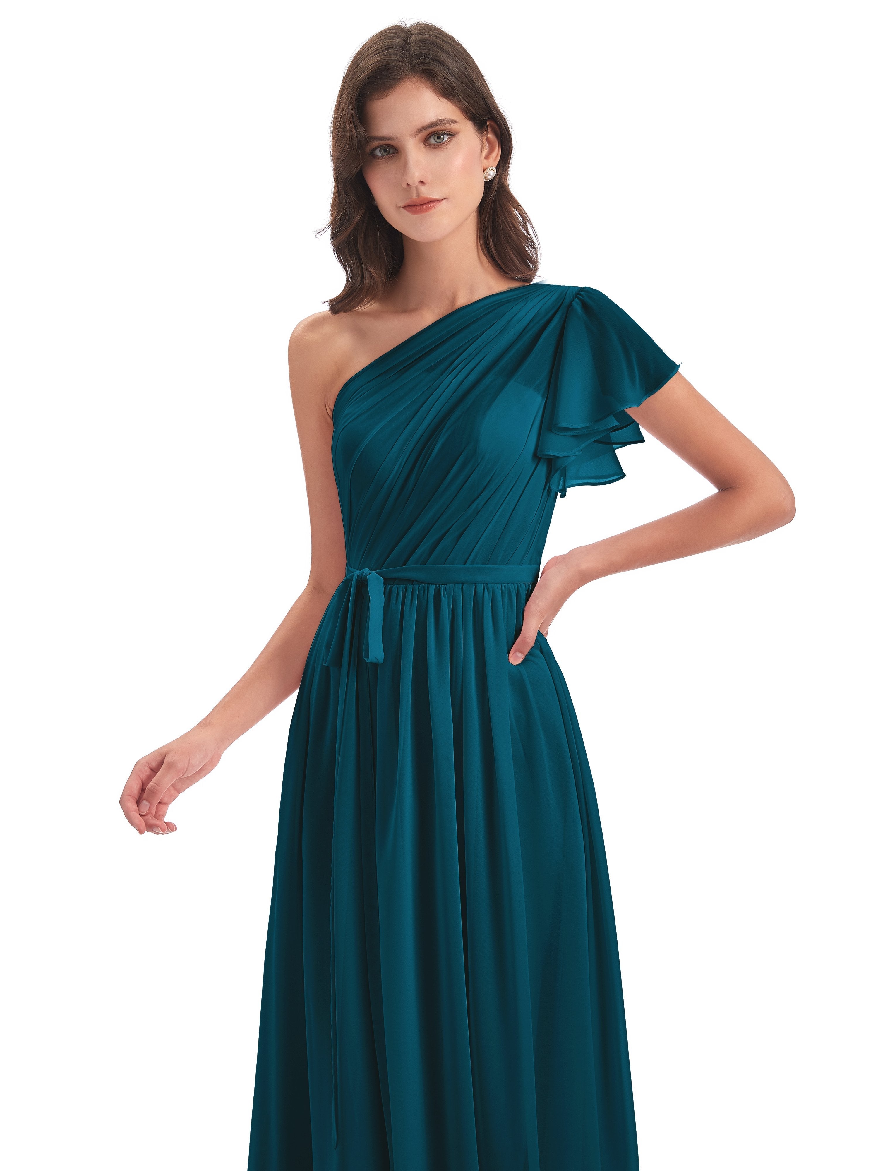 A-line Sweep-Brush Train One Shoulder Chiffon Long Bridesmaid Dresses
