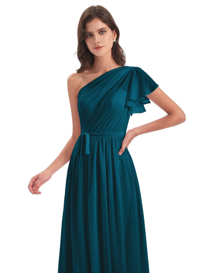 A-line Sweep-Brush Train One Shoulder Chiffon Long Bridesmaid Dresses