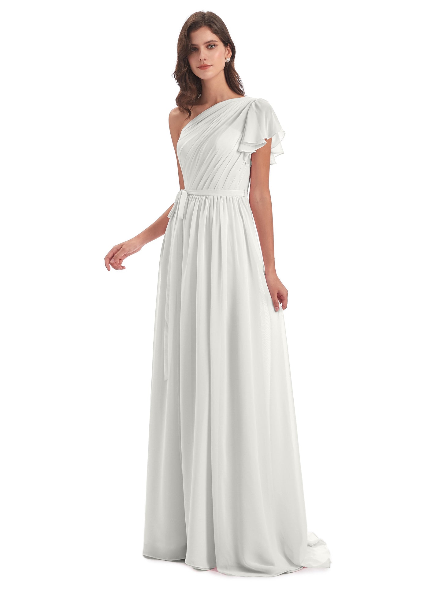 A-line Sweep-Brush Train One Shoulder Chiffon Long Bridesmaid Dresses