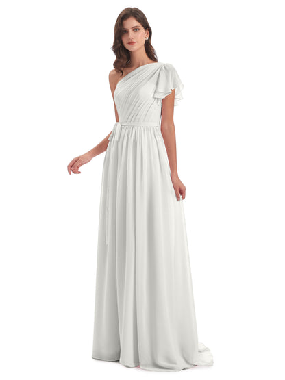 A-line Sweep-Brush Train One Shoulder Chiffon Long Bridesmaid Dresses