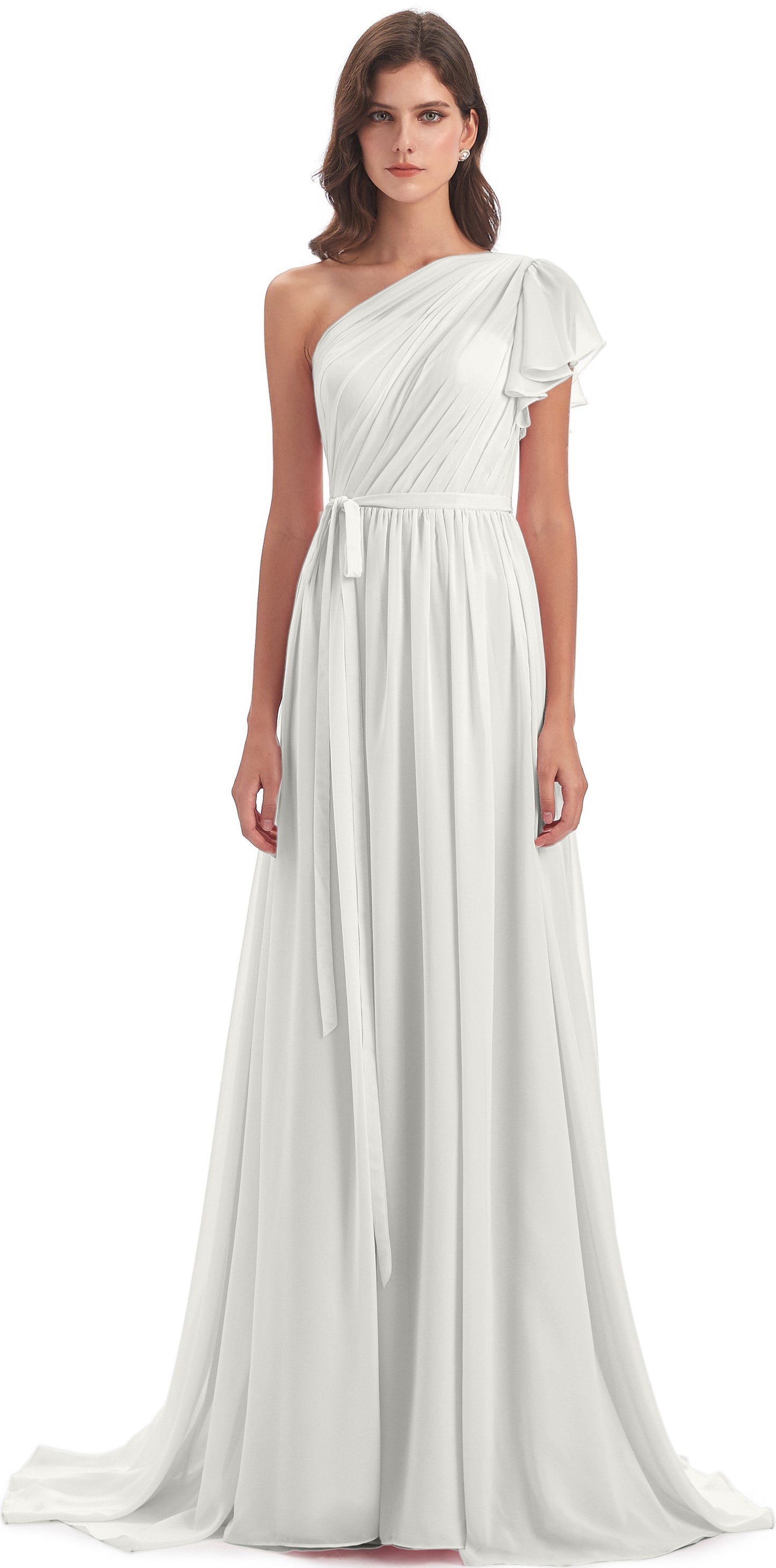 A-line Sweep-Brush Train One Shoulder Chiffon Long Bridesmaid Dresses