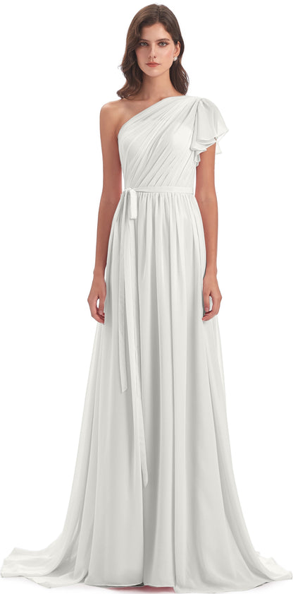 A-line Sweep-Brush Train One Shoulder Chiffon Long Bridesmaid Dresses
