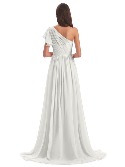 A-line Sweep-Brush Train One Shoulder Chiffon Long Bridesmaid Dresses