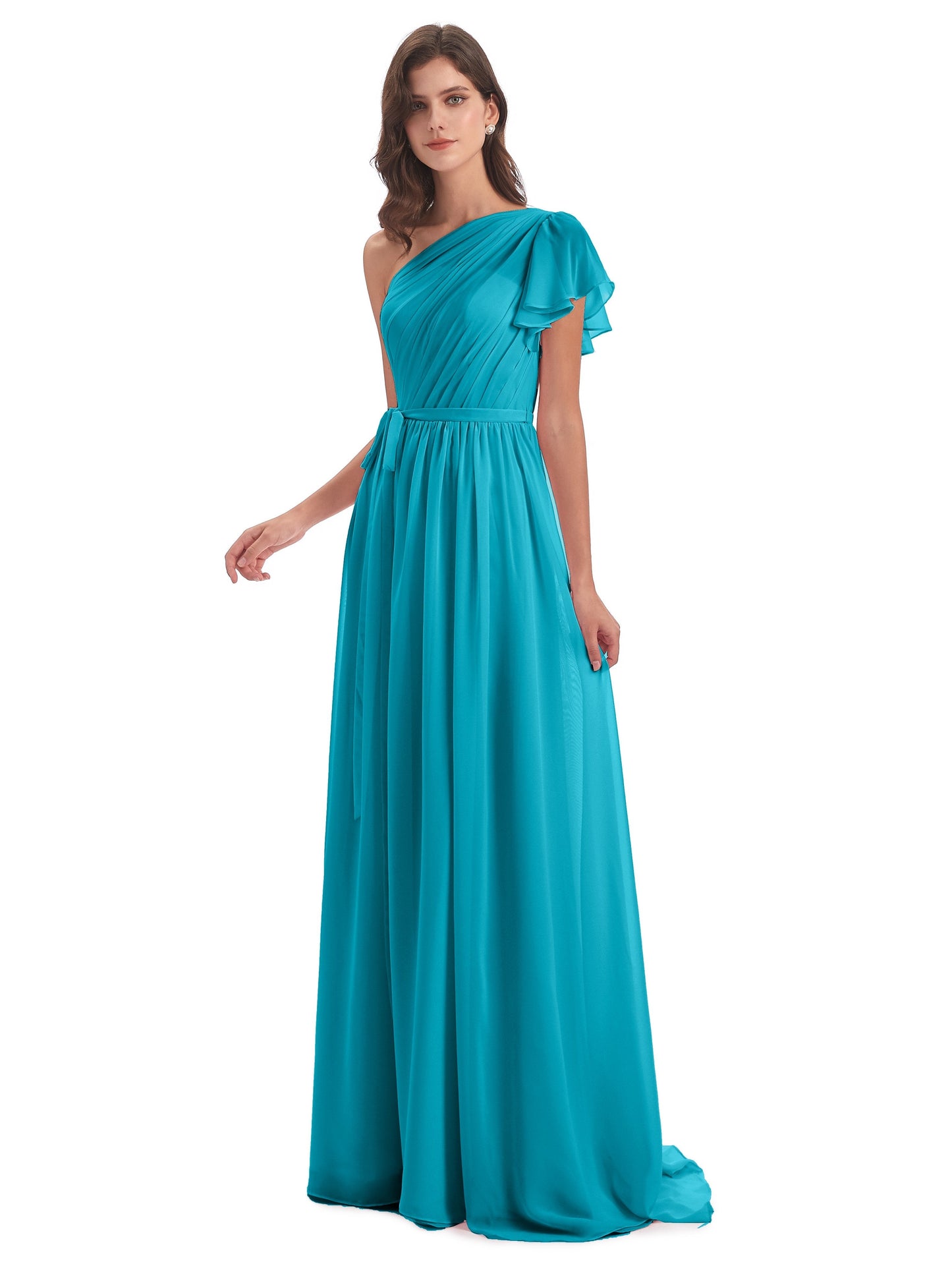 A-line Sweep-Brush Train One Shoulder Chiffon Long Bridesmaid Dresses